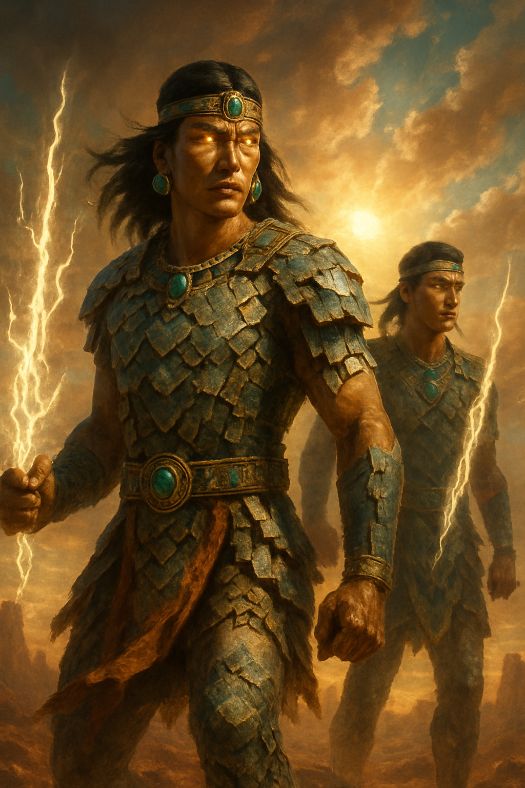 Hrdinská dvojčata (Diné) – AI ilustrace